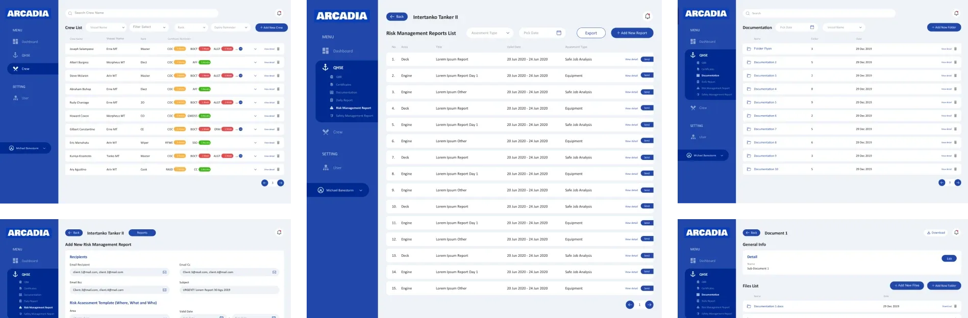 Arcadia ship management dashboard: crew list with certificate status, vessel risk management reports and document folders
