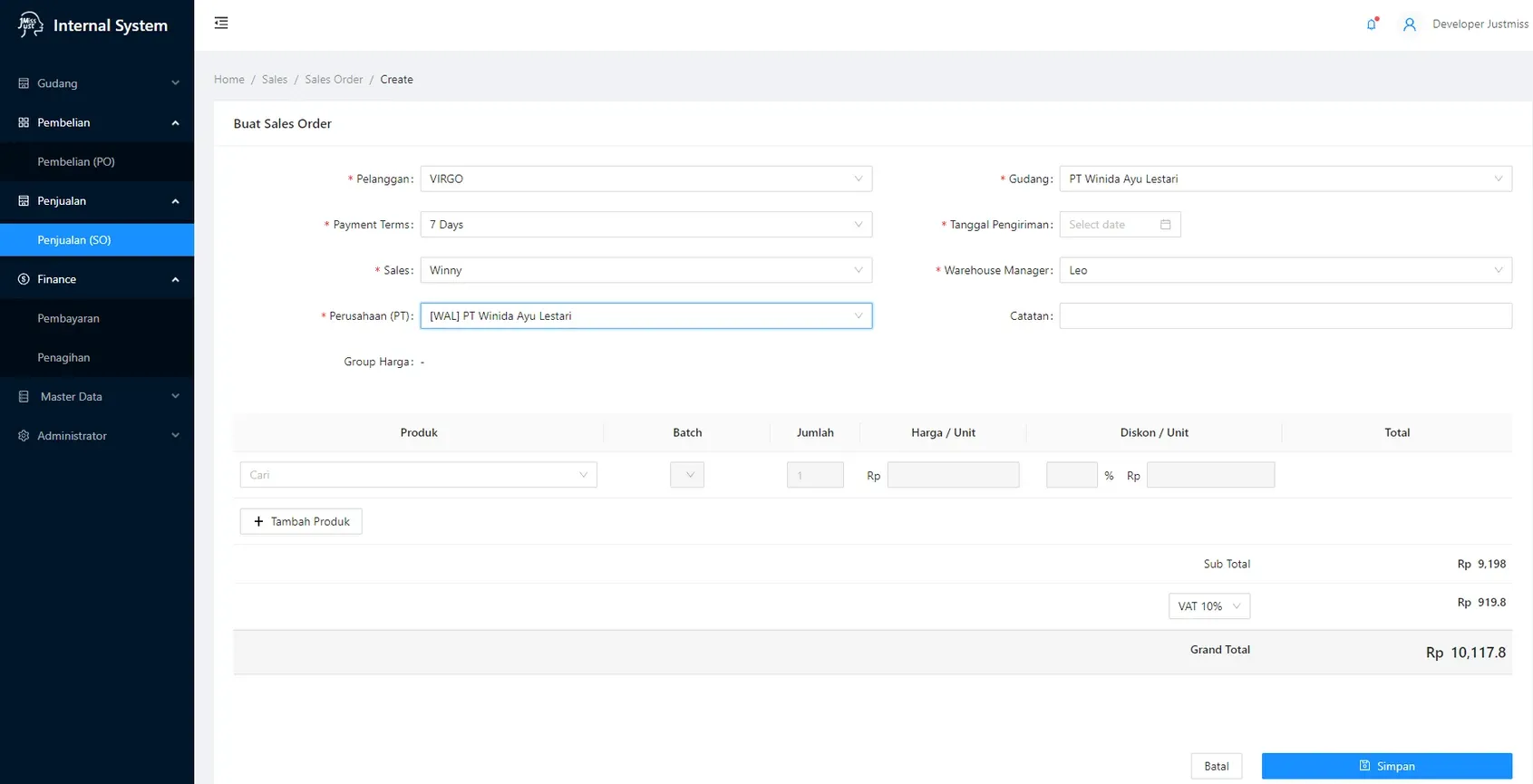 JustMiss internal system: creating a sales order with customer, payment terms, warehouse and product lines with batch, discount and VAT