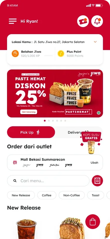 Jiwa+ app home screen with a promo banner, pick-up and delivery ordering and new menu releases