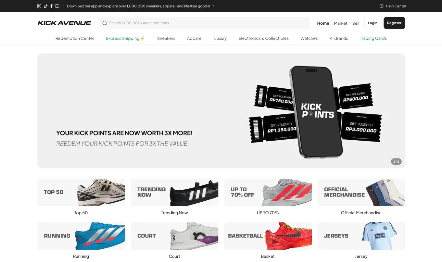 Kick Avenue marketplace home page with category navigation, a Kick Points rewards banner and shop-by-sport rails